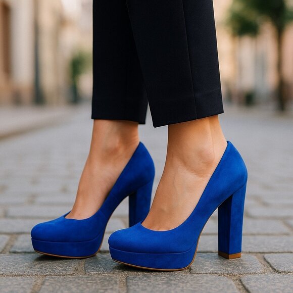 COBALT BLUE VEGAN SUEDE Platform Pumps 7.5 Heels Y2K Vibe Chunky Heel - Picture 1 of 16